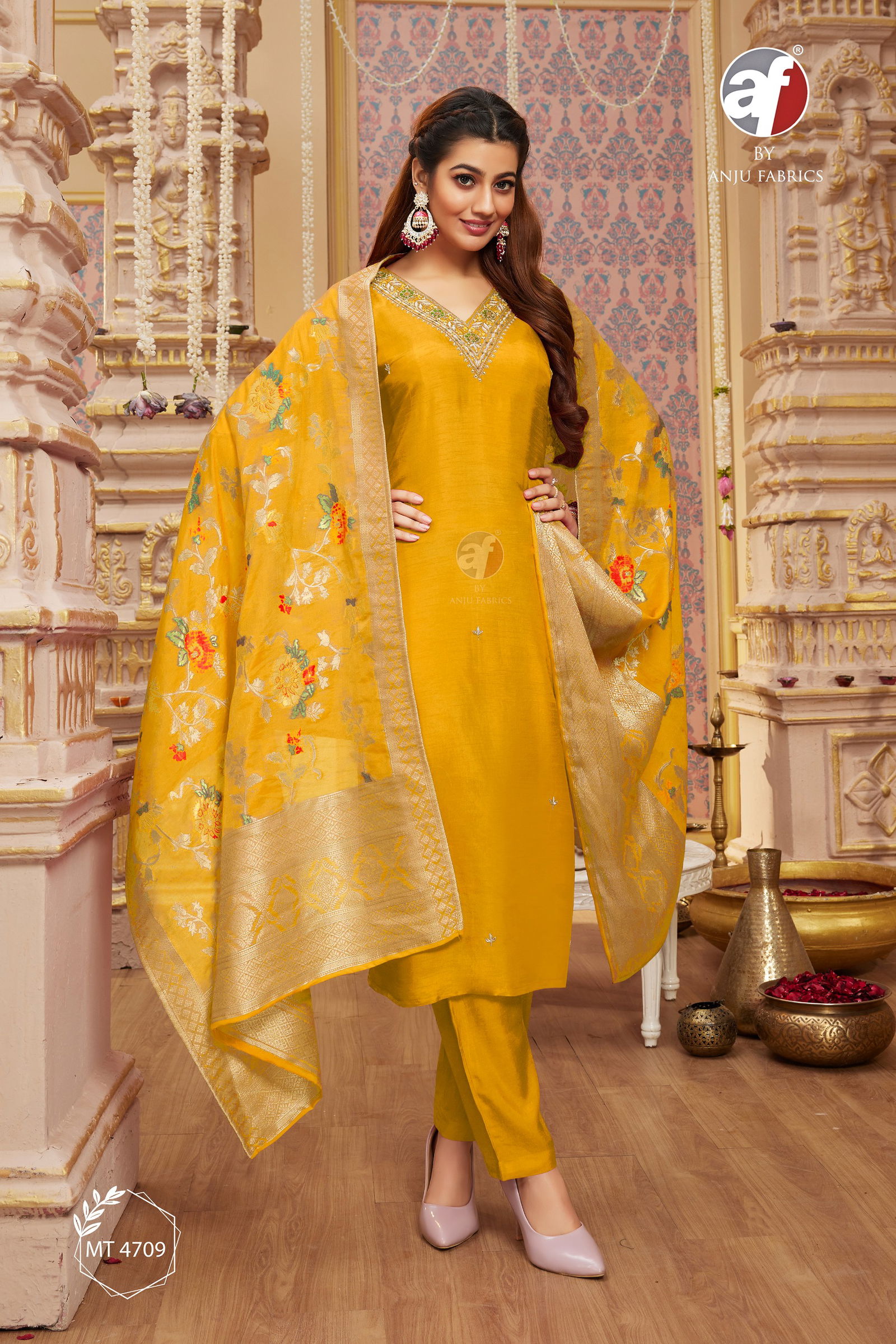 MT 4709 By AF Handwork Dola Silk Kurti With Bottom Dupatta Wholesale Market In Surat